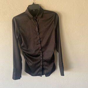 SHEIN silk texture side ruched long sleeve button down dress top shirt blouse